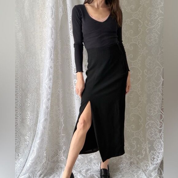 Vintage Dresses & Skirts - Vintage 90s Black Worsted Wool Midi Skirt Gantos Made In USA